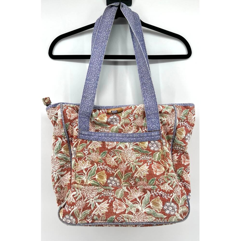 Vintage LANG Floral Tote Bag Boho Cottagecore Multi-Pocket Blue Red Canvas
